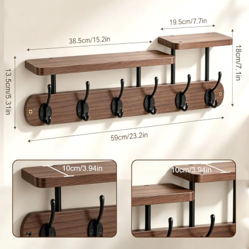 Dark Wood Wall Mount Coat Rack with 2-Tier Shelves and 6 Dual Hooks