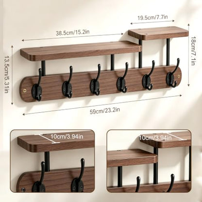 Dark Wood Wall Mount Coat Rack with 2-Tier Shelves and 6 Dual Hooks
