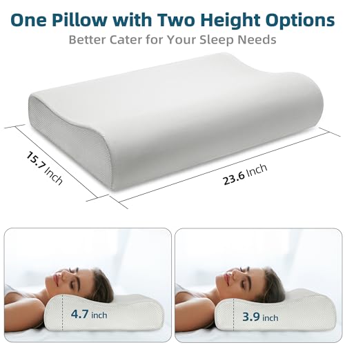 urnexttour Contour Memory Foam Pillows for Sleeping, Cervical Pillow Standard Size for Neck Pain Relief, Bed Pillow with Two pillowcase Neck Support for Side Back Stomach Sleepers Standard White&Blue