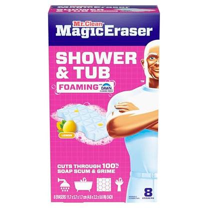Mr. Clean Magic Eraser Sponge, Bathroom, Shower, Tub Cleaner, Soap Scum Remover, Bathroom Cleaning Supplies, Dawn Cleaning Power with Lemon Scent, Shower & Tub, 8ct