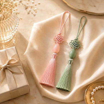 Korean Norigae Tassels Set - Pink & Sage Green Decorative Hanging Ornaments