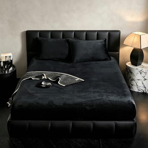 Velvet Fitted Sheet Queen Size Black - Fluffy Plush Bottom Bed Sheet