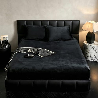 Velvet Fitted Sheet Queen Size Black - Fluffy Plush Bottom Bed Sheet