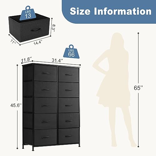 10-Drawer Tall Dresser for Bedroom & Living Room Black 11.8"D x 31"W x 45.8"H
