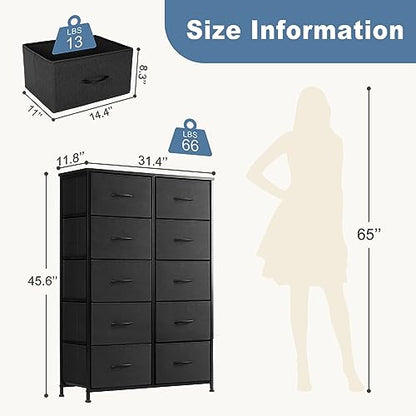 10-Drawer Tall Dresser for Bedroom & Living Room Black 11.8"D x 31"W x 45.8"H