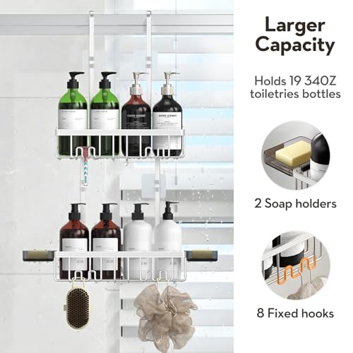 Over-the-Door Shower Caddy Silver with Double Soap Holder and Hooks - Rustproof Aluminum