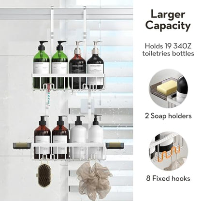 Over-the-Door Shower Caddy Silver with Double Soap Holder and Hooks - Rustproof Aluminum