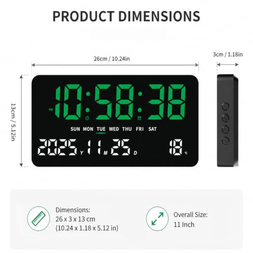 Digital Wall Clock 11'' LED Display - Large Screen, Night Mode, Green-White