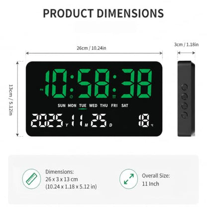 Digital Wall Clock 11'' LED Display - Large Screen, Night Mode, Green-White