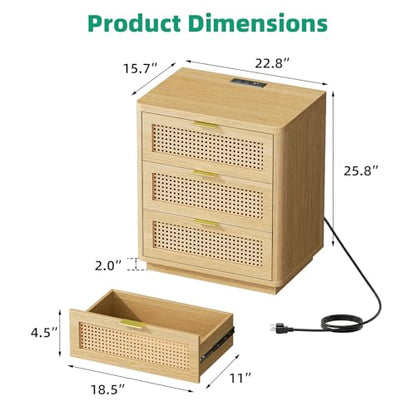 23" W Rattan Nightstand with 3 Drawers – Natural Oak Bedroom Table