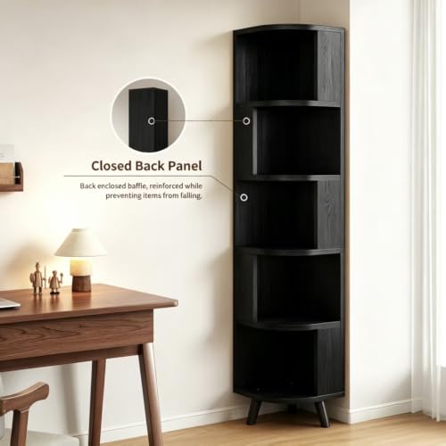 5-Tier Corner Bookshelf Black with Baffle - Space-Saving Wall Shelf