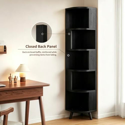 5-Tier Corner Bookshelf Black with Baffle - Space-Saving Wall Shelf