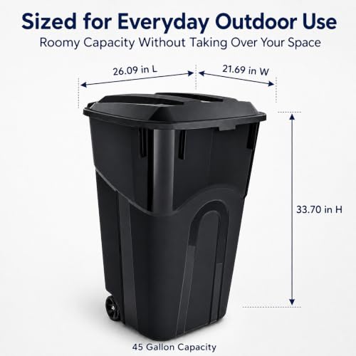 45 Gallon Wheeled Outdoor Trash Can with Locking Lid - Heavy Duty Leak-Proof Design