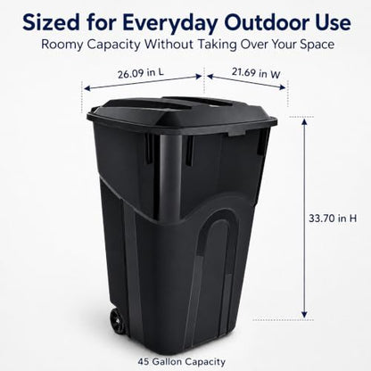 45 Gallon Wheeled Outdoor Trash Can with Locking Lid - Heavy Duty Leak-Proof Design