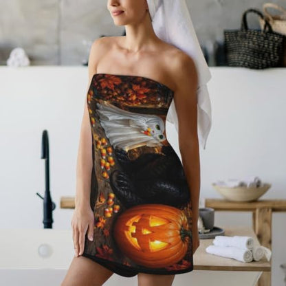 Cute Halloween Cat Bath Towel - Absorbent Coral Fleece, 27 x 55 Inches - One Size