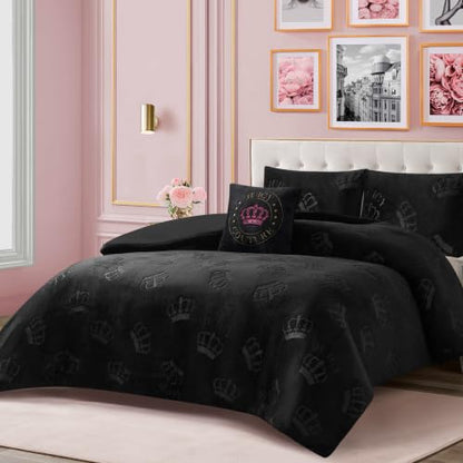 Juicy Couture Reversible Plush Crown Comforter Set - Black, Full/Queen with Decorative Pillow