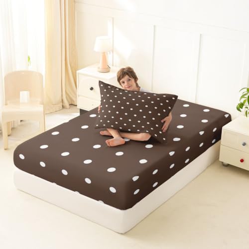 Brown Polka Dot Bed Sheets Set Twin Size Kids Bed Linen with Fitted, Flat & Pillow Sham