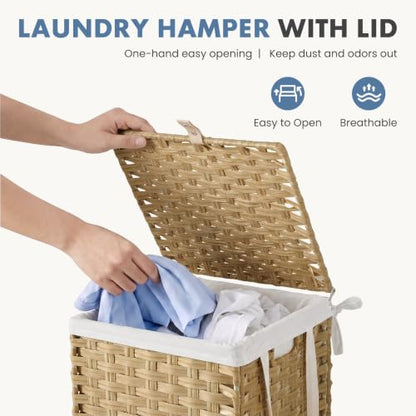 Laundry Basket with Lid 65L Wicker Hamper - Goose Yellow