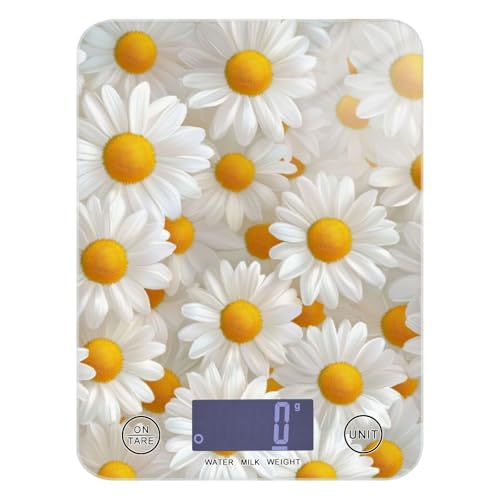 QwThum Food Scale Kitchen Digital Scale Food Ounces and Grams Dieting Baking Cooking Waterproof Glass Panels LCD Display,4 Units Scale Tare Function Daisy White