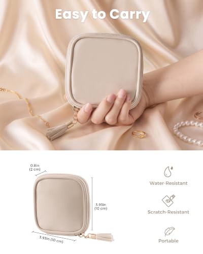 Mini Travel Jewelry Case - Oatmeal Soft PU Leather Pouch with Tangle-Free Compartments