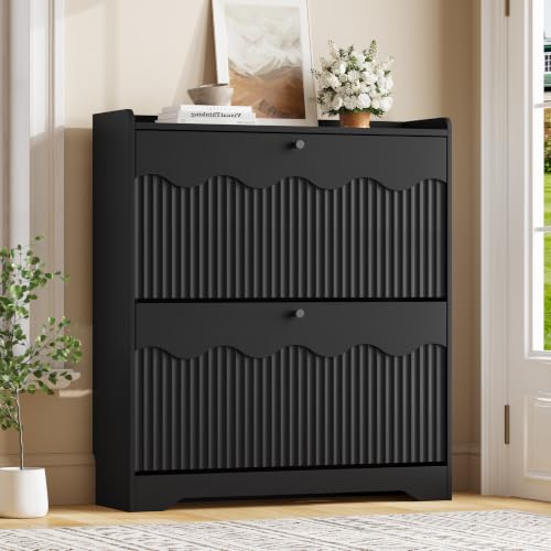 Slim Shoe Storage Cabinet with Flip Drawers and Wave-Edge Panels
