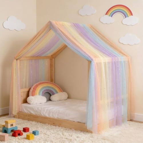 Pastel Rainbow Sheer Canopy Bed Curtains for Girls Twin & House Bed - Glitter Variation