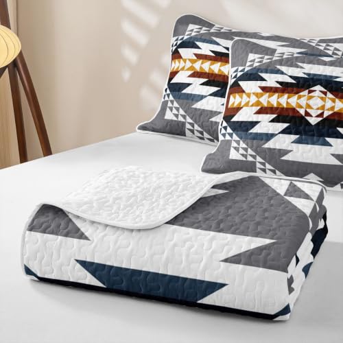 Kids Bedding Quilt Set Queen Size Blue Gray Aztec Bohemian 3 Pieces with Pillowcases - Variation of THIS listing