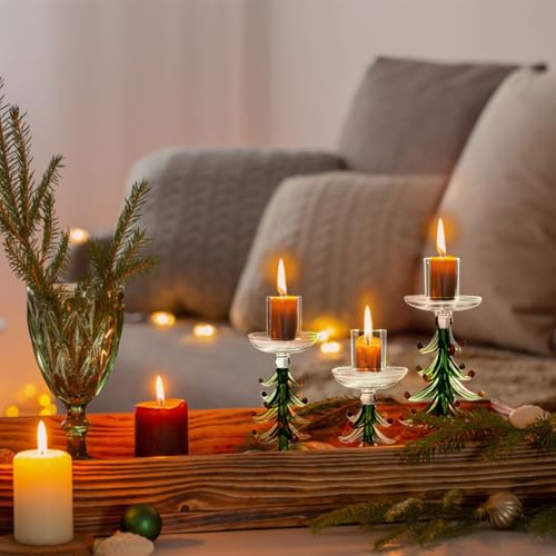Green Christmas Tree Candle Holders Set of 3 - Rustic Glass Taper Candlesticks for Holiday Decor