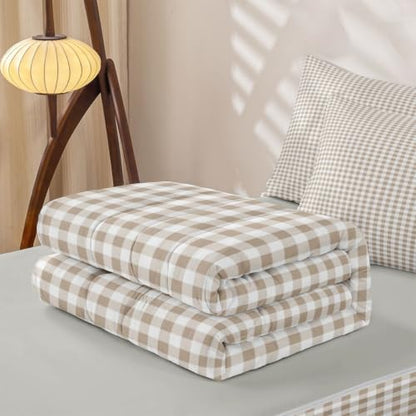 Khaki White Checkered Zipper Bedding Set Full Size - Kids Bed Comforter & Sheet