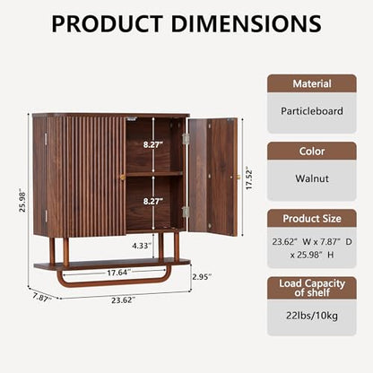 24 Inch Wall Mounted Bathroom Medicine Cabinet with Towel Bar - Walnut
