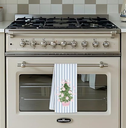Blue Striped Pink Ball Christmas Tree Kitchen Towels - Holiday Decor 16x24