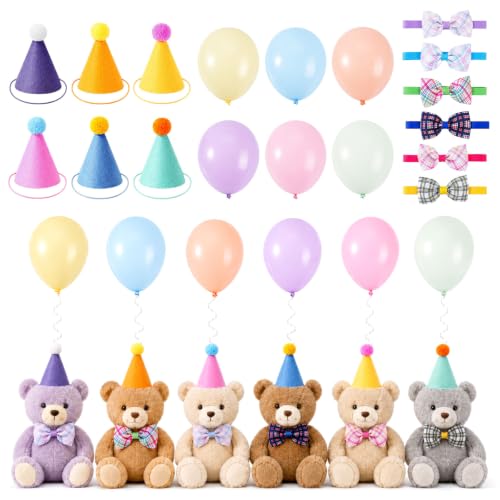 Mini Stuffed Animal Party Hats Set with Balloons & Bow Ties - 18 Pcs