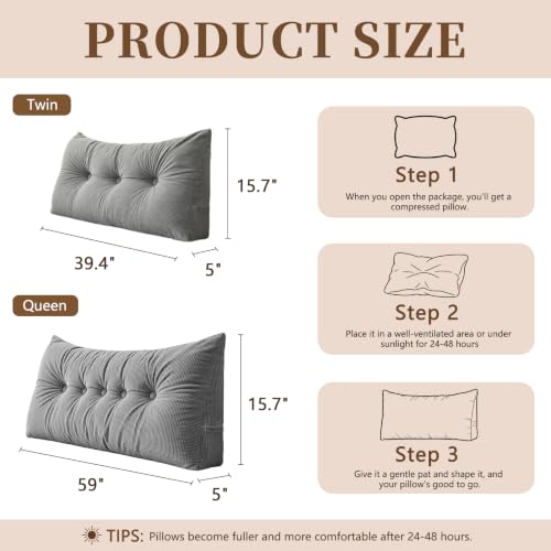 Twin Bed Backrest Pillow with Support & Side Pocket - Grey