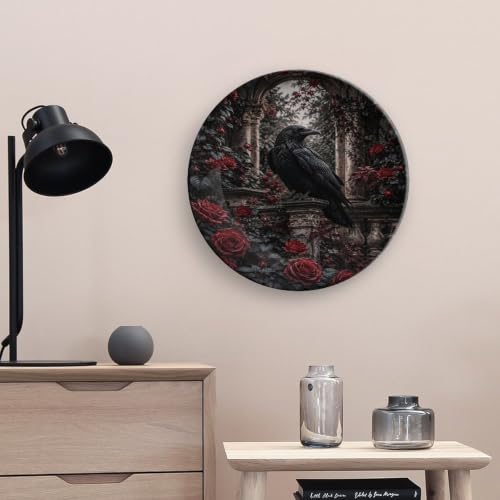 Black Crow Red Roses Gothic Bone China Decorative Plate with Stand & Wall Hook - 10 Inch
