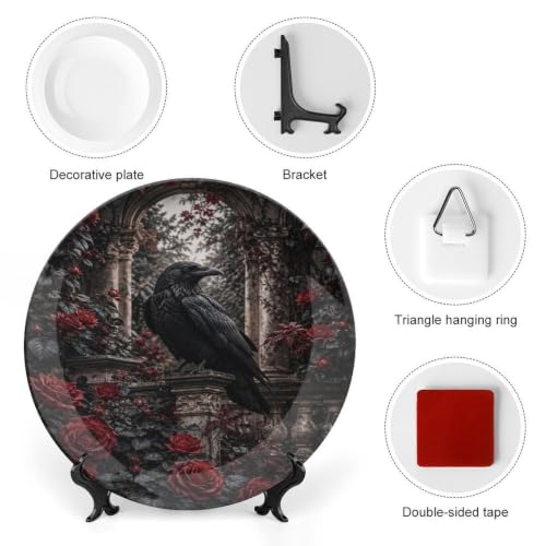 Black Crow Red Roses Gothic Bone China Decorative Plate with Stand & Wall Hook - 10 Inch