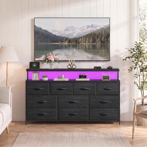 DurayLoly 55" Dresser with LED Ambient Light, 10-Drawer w/ Charging Station - Black
