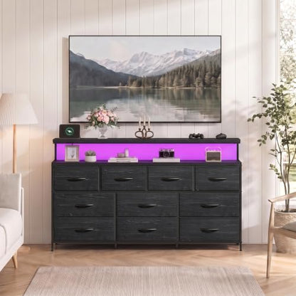 DurayLoly 55" Dresser with LED Ambient Light, 10-Drawer w/ Charging Station - Black