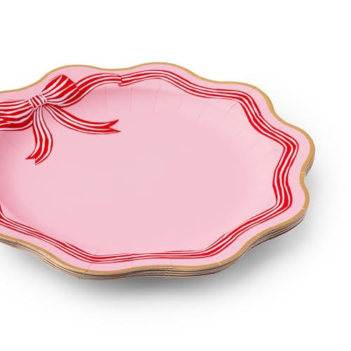 Pink Peppermint Holiday Paper Plates - 11 Inch Large Disposable Dinnerware Pack of 8