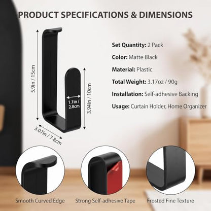 No Drill Adhesive Curtain Holdbacks - L-Shaped Black Plastic Set of 2