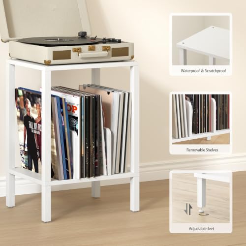 White 2-Tier Record Player Stand with Vinyl Storage - Multi-Functional Side Table