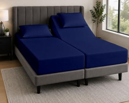 Navy Blue Split Queen Fitted Sheet Set - 12-Inch Deep Pocket, 2 Sheets & Pillowcases