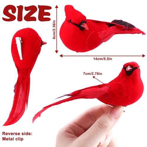 Clip 6pcs Red Cardinal Birds for Crafts Christmas Tree Wreath Decorations