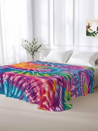 Colorful Tie-Dye Flat Sheet Full Size Ethnic Style Microfiber Bedding - Emerald Green, Light Purple & Orange