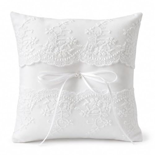 Wedding Ring Bearer Pillow with Lace Ribbons and Bow, 7.8 x 7.8 Inch