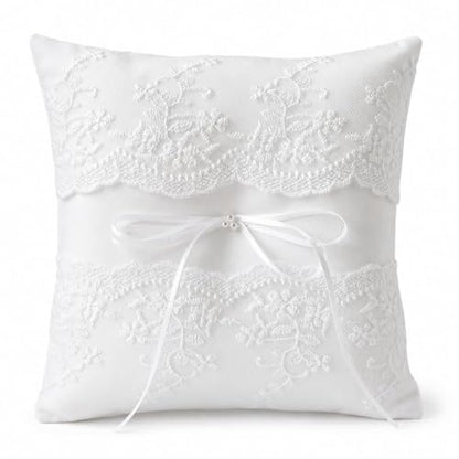 Wedding Ring Bearer Pillow with Lace Ribbons and Bow, 7.8 x 7.8 Inch