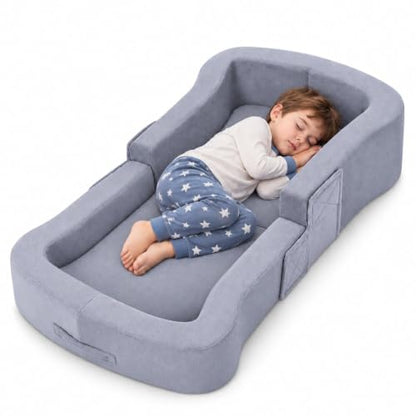 Portable Toddler Travel Bed - Foldable Kids Floor Bed with High Sides, Grey