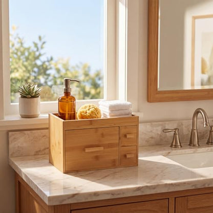 Disposable Face Towel Holder with 3 Drawers - Natural Bamboo Storage Organizer