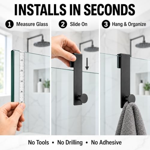 Matte Black 7.5 Inch Shower Door Hooks for Frameless Glass Doors - 2 Pack