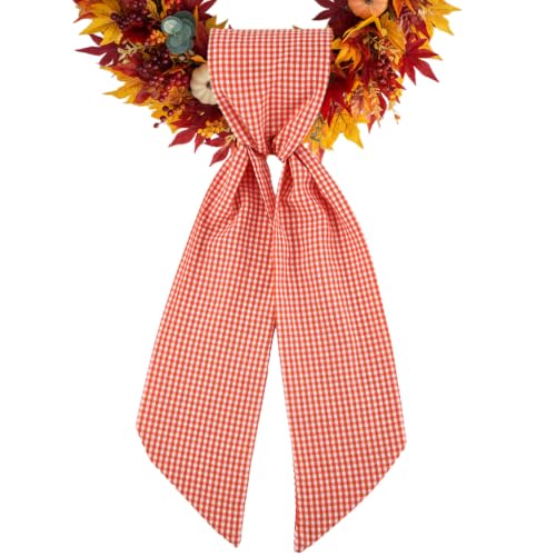 Orange Buffalo Plaid Fall Sash for Front Door Wreath DIY Embroidery 5x54 Inches - Autumn Thanksgiving Porch Decor