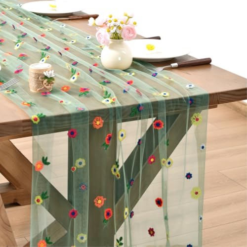 Sage Flower Table Runner Floral Daisy Cheesecloth Wedding Decor - Sage / 1